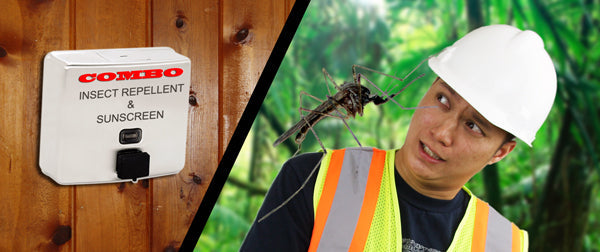 Wall with box dispenser that reads: Combo inspect repellant & sunscreen. A worker wears a helmet and hi-vis vest with a giant insect on his shoulder.
