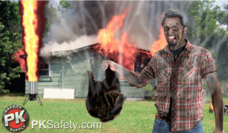 Man holds burnt turkey with house burning behind him.