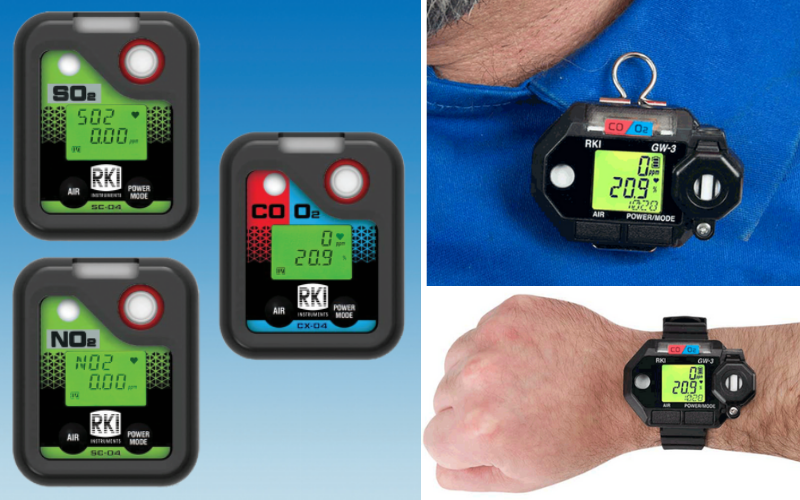 A variety of black and green gas monitors display digital readings, one clipped on blue clothing, another worn on a wrist like a watch.