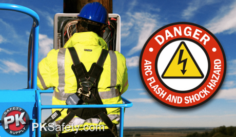 Back of utility worker working on electrical box suspended in the air with sky in background. Warning logo next to him reads: Danger arc flash and shock hazard.
