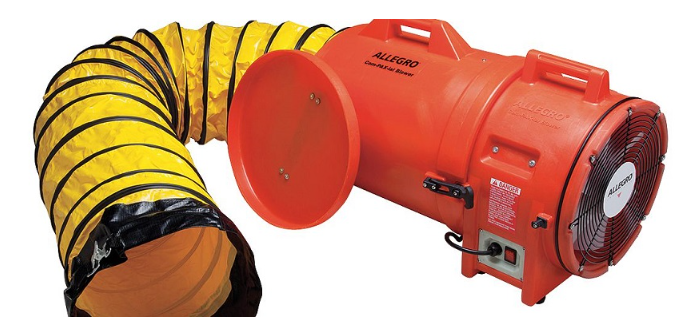 Allegro ventilation blower with built in ducting and canister on white background. 