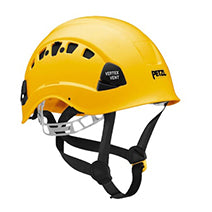 Yellow Petzl helmet on white background