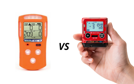 Two gas detectors compared: the orange multi-gas clip from Gas Clip Technologies with three buttons on the left and the smaller red GX-3R from RKI held in a hand on the right, both with digital screens showing readings.