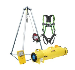 A tripod, harness, gas monitor and blower on a white background.