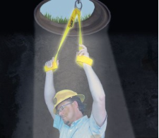 Worker holding yellow wristlets while dangling down a manhole.