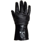 The MCR Safety Memphis Black Jack Neoprene Glove 6932 (12 pairs) is a black protective glove designed with a textured surface and cuff, showcasing white safety symbols and text on the wrist area. This neoprene glove stands upright, prominently showing its palm side.