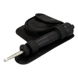 A black handheld tire inflator with a metal nozzle, engineered for convenience and portability, is shown resting on the WatchGas Aluminum Telescopic Probe’s black carrying pouch with a flap. Its durable construction pairs perfectly with the WatchGas Aluminum Telescopic Probe, enabling effortless inflation even in hard-to-reach areas.