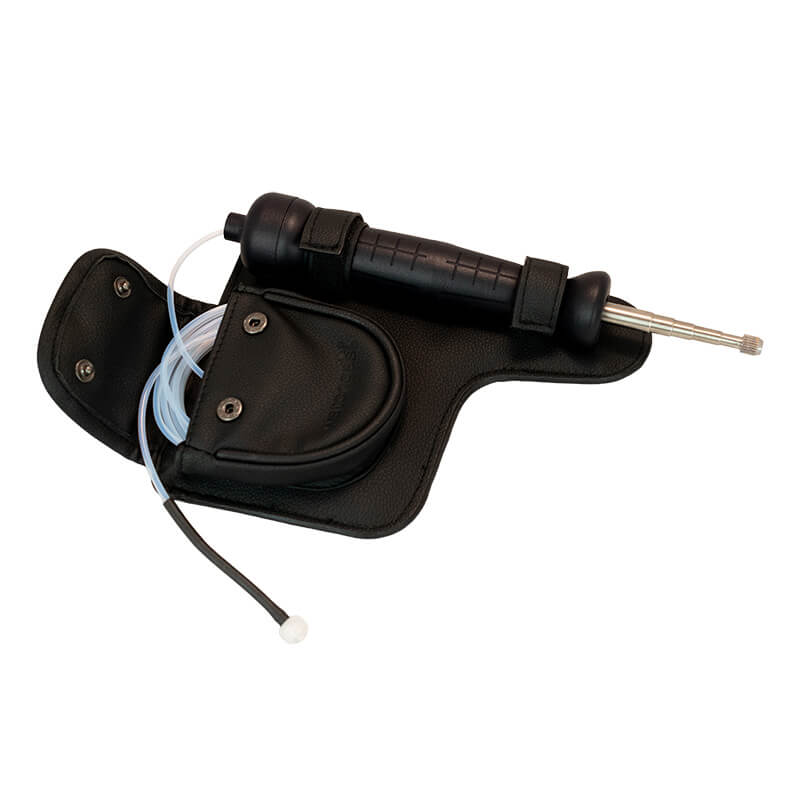 The WatchGas Aluminum Telescopic Probe with Carrying Pouch, by WatchGas, features a black handle, a coiled probe for remote distance sampling, and an attached pouch—all displayed against a white background.