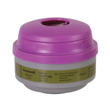 The North N-Series Multi-gas Cartridge with P100 Filter by Honeywell incorporates a filter with a purple cap and beige base, labeled with technical and manufacturing information. Made in the USA and approved by NIOSH.