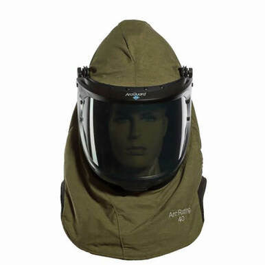 A mannequin head is secured in an NSA 40 Cal ArcGuard RevoLite Lift Front Arc Flash Hood, featuring a green protective hood and a black face shield marked with the "Arc-Rated 40" label. The slightly tinted face shield offers a reflective look. Made from flame-resistant fabric, it provides excellent protection against arc flashes.