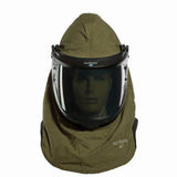 A mannequin head is secured in an NSA 40 Cal ArcGuard RevoLite Lift Front Arc Flash Hood, featuring a green protective hood and a black face shield marked with the "Arc-Rated 40" label. The slightly tinted face shield offers a reflective look. Made from flame-resistant fabric, it provides excellent protection against arc flashes.