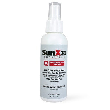 A white bottle of Coretex SunX SPF30 sunscreen spray, offering SPF30+ protection against UVA/UVB rays. The label highlights Aloe Vera and vitamin E, underscoring its water and sweat resistance. The bottle contains 4 fl oz (118 ml).