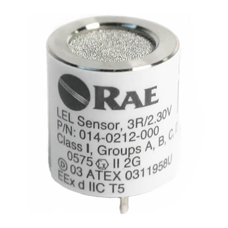 The RAE Systems LEL Replacement Sensor 014-0212-000 is a cylindrical sensor with a metal mesh top, labeled technical specs, and part number, designed for use with the QRAE 3 Monitor by RAE Systems to detect combustible gas levels.