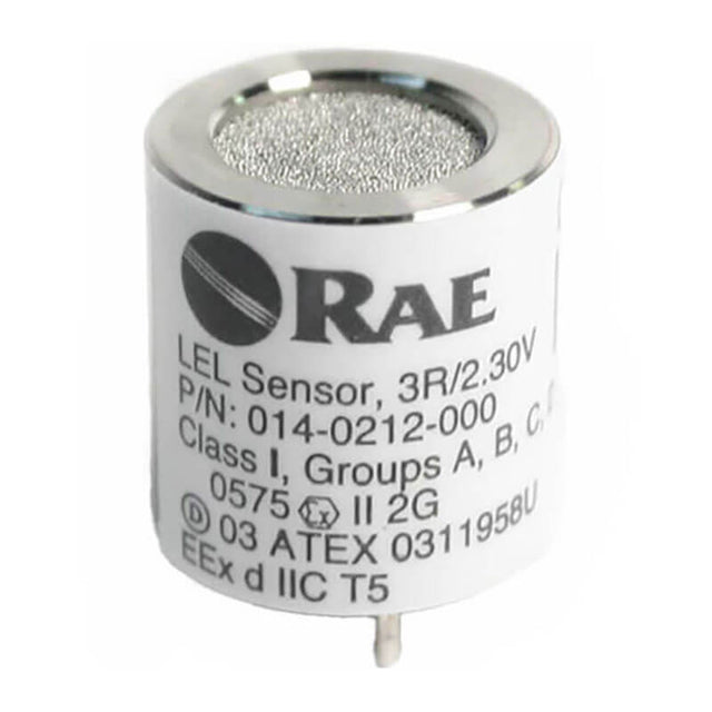The RAE Systems LEL Replacement Sensor 014-0212-000 is a cylindrical sensor with a metal mesh top, labeled technical specs, and part number, designed for use with the QRAE 3 Monitor by RAE Systems to detect combustible gas levels.