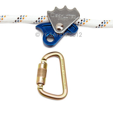 The Skylotec Ergogrip Positioning Lanyard L-0499-1.8, featuring an ergonomic hand-shaped grip adjuster, is attached to a white rope with orange and black speckles. Below it hangs a gold carabiner with a locking mechanism. The items are elegantly displayed against a pristine white background.