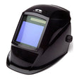 The LEADHEAD Auto Darkening Helmet WHAM3030GB by Pyramex Safety is a black welding helmet constructed from high-impact resistant nylon, equipped with a clear viewing window and an adjustable side knob for optimal welding protection.