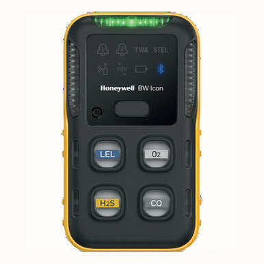 The BW Honeywell ICON-Y-S is a handheld 4-gas detector featuring a sleek black and yellow design. It includes four labeled buttons for detecting LEL, O₂, H₂S, and SO₂ gases. This multi-gas monitor is also equipped with a display that shows Bluetooth connectivity, battery life, and alarm status indicators.