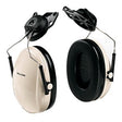 The 3M Peltor Optime 95 Cap-Mount Earmuffs (H6P3E/V) feature white cups, black padding, and adjustable metal bands. Equipped with swivel mounts designed for superior noise reduction, these earmuffs offer universal mounting for a customizable fit.