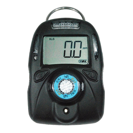 A close-up of the mPower UNI MP100 H2S (1000ppm) Single Gas Detector M001-0060-000 by mPower Electronics, featuring a black digital design with a circular sensor and display reading "0.0 ppm." This portable monitor is equipped with three buttons and a keyring at the top for easy transport, offering intrinsic safety for peace of mind while on the move.