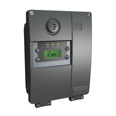 The Honeywell Analytics E3Point w/o Sensor, Wall Mount, 24VAC, Analog E3SA features a digital display indicating "CO 0 PPM" and indicator lights above the screen, offering an efficient alert system against toxic and combustible gases with Smart Cartridge Technology.