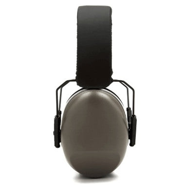 The Pyramex Safety PM80 Series Gray Earmuff PM8010, featuring a black adjustable headband and viewed from the front, provides superior hearing protection as essential safety equipment.