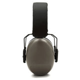 The Pyramex Safety PM80 Series Gray Earmuff PM8010, featuring a black adjustable headband and viewed from the front, provides superior hearing protection as essential safety equipment.