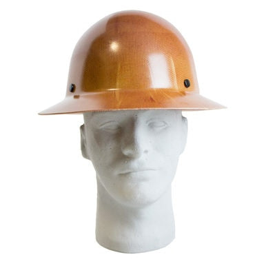 An MSA Skullgard Hard Hat with Full Brim in Natural Tan 475407 is perched on a white mannequin head, providing radiant heat protection and incorporating Fas-Trac suspension for enhanced comfort.