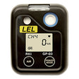 A black RKI Instruments 03 Series LEL Single Gas Monitor, featuring a digital display indicates "CH4 0% LEL." It is equipped with two buttons labeled "AIR" and "POWER MODE" for monitoring combustible hydrocarbons. The device prominently displays a yellow "LEL" label and the brand name "RKI Instruments GP-03.