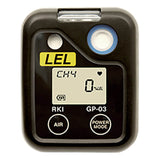 A black RKI Instruments 03 Series LEL Single Gas Monitor, featuring a digital display indicates "CH4 0% LEL." It is equipped with two buttons labeled "AIR" and "POWER MODE" for monitoring combustible hydrocarbons. The device prominently displays a yellow "LEL" label and the brand name "RKI Instruments GP-03.