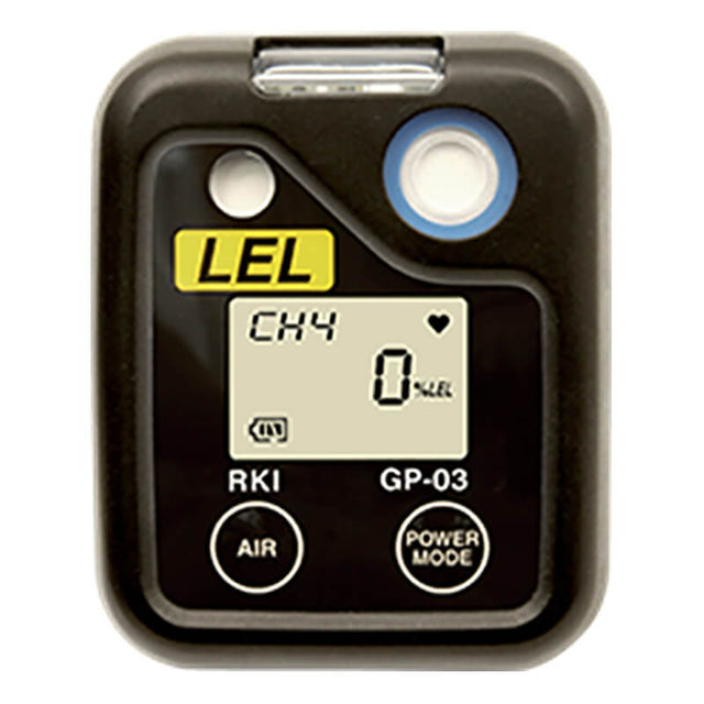 A black RKI Instruments 03 Series LEL Single Gas Monitor, featuring a digital display indicates "CH4 0% LEL." It is equipped with two buttons labeled "AIR" and "POWER MODE" for monitoring combustible hydrocarbons. The device prominently displays a yellow "LEL" label and the brand name "RKI Instruments GP-03.