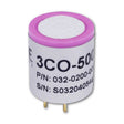 The RAE Systems CO Replacement Sensor 032-0200-003 is a compact cylindrical sensor with a white body, pink top, and gold pins. Compatible with QRAE 3 monitors, it features “3CO-500” and part/serial numbers printed on the side.
