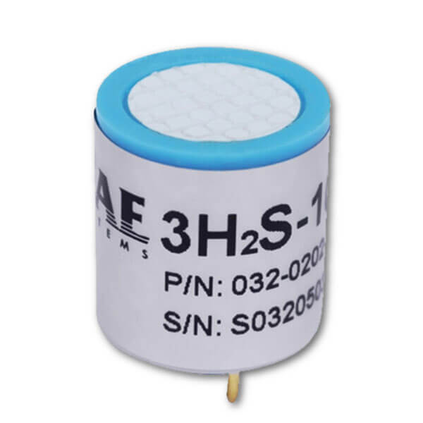 The RAE Systems H2S Replacement Sensor 032-0202-003 is a cylindrical sensor with a blue rimmed top, white grid pattern, and gold pin base, designed for QRAE 3 monitors by RAE Systems.