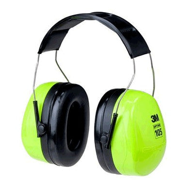 Vibrant green earmuffs with black padding and headband, embroidered with the text "3M Peltor Optime 105." Expertly crafted by 3M for superior noise reduction and hearing protection.