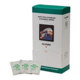 A green and white Allegro Cleaning Wipes 0350 box shows hands cleaning glasses and is labeled anti-static and anti-fog. Several individually wrapped, pre-moistened Allegro wipes are displayed in front of the box.