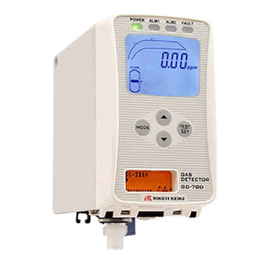 The RKI Instruments GD-70D-H2O2 Smart Transmitter for hydrogen peroxide features a digital screen showing "0.00 ppm," with buttons labeled "Mode" and "Test/Set," as well as indicator lights indicating power and alarm status. This white device, accented in orange and blue, also serves as a Sample Draw Transmitter.