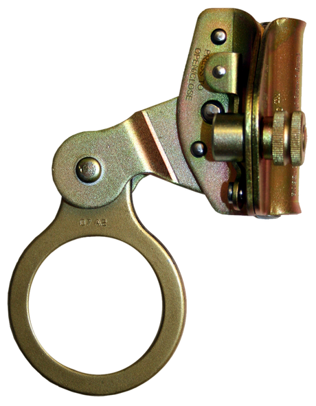 Close-up image of the French Creek Plated Alloy Steel Rope Grab 1261, a metallic mechanical device with a circular grip and intricate assembly of bolts and hinges, resembling components used in fall protection systems. The hardware appears industrial and is likely part of larger machinery like vertical lifeline systems, manufactured by French Creek Production.