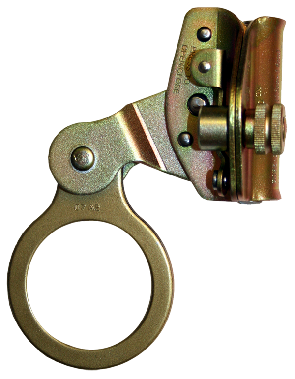 Close-up image of the French Creek Plated Alloy Steel Rope Grab 1261, a metallic mechanical device with a circular grip and intricate assembly of bolts and hinges, resembling components used in fall protection systems. The hardware appears industrial and is likely part of larger machinery like vertical lifeline systems, manufactured by French Creek Production.