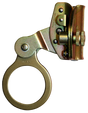 Close-up image of the French Creek Plated Alloy Steel Rope Grab 1261, a metallic mechanical device with a circular grip and intricate assembly of bolts and hinges, resembling components used in fall protection systems. The hardware appears industrial and is likely part of larger machinery like vertical lifeline systems, manufactured by French Creek Production.