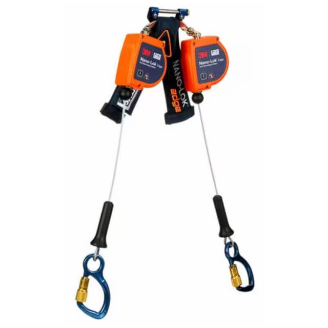 The 3M DBI-SALA Nano-Lok Edge Twin-Leg SRL, Alum Carabiner 3500286 from 3M DBI-SALA Fall Protection includes two orange self-retracting lifelines equipped with steel carabiners, attached to blue and black connectors, specifically designed to secure workers at heights.