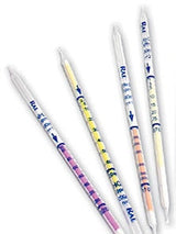 The BW Honeywell Nitrogen Dioxide 0.5 - 30 ppmv Tubes H-10-117-10 (10/Box) are pen-like gas detection tubes designed with pointed ends and feature numerical scales and arrows on the plastic strips, each displaying color bands in pink, yellow, orange, and a variety of hues.