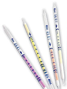 The BW Honeywell Nitrogen Dioxide 0.5 - 30 ppmv Tubes H-10-117-10 (10/Box) are pen-like gas detection tubes designed with pointed ends and feature numerical scales and arrows on the plastic strips, each displaying color bands in pink, yellow, orange, and a variety of hues.