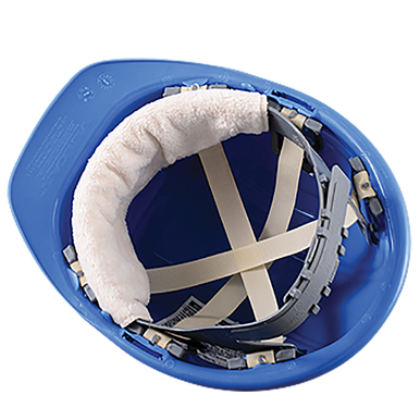 Interior view of a blue hard hat, featuring a padded headband equipped with OccuNomix MiraCool Terry Toppers Hard Hat Sweatbands and adjustable suspension straps.