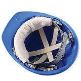 Interior view of a blue hard hat, featuring a padded headband equipped with OccuNomix MiraCool Terry Toppers Hard Hat Sweatbands and adjustable suspension straps.