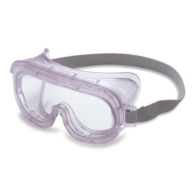 Introducing the Uvex Classic Goggles S350: stylish clear safety goggles with a purple-tinted frame, adjustable gray strap, and an anti-fog lens for optimal vision and protection.