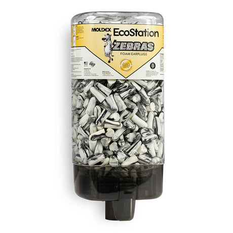 The Moldex EcoStation with Zebras Starter Pack NRR 33 6709 is a transparent earplug station that comes filled with black and white Zebra Earplugs, providing NRR 33 protection. It features a sleek black base for easy access and includes an illustration of a zebra on the label.