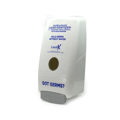 A Coretex Hand Sanitizer Wall Mount Dispenser (Model 23608) labeled "Antibacterial Hand Sanitizer with Moisturizers" and "Kills Germs Without Water," featuring the text "Got Germs?" is ideal for maintaining hygiene effortlessly.