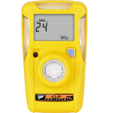 The BW Honeywell Clip 2 Year SO2 5-10 Single Gas Detector (BWC2-S) comes in yellow and includes a digital display that shows "24 MM" and "SO2." It features buttons and a circular sensor area, with a label stating "Clip Two-Year SO2," emphasizing its maintenance-free design.