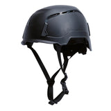 The Pyramex SL T2 Vented Safety Helmet HPT26111_V, available from Pyramex Safety, is showcased on a white background. This lightweight helmet comes with an ABS shell and adjustable straps. It features EPS foam for added comfort, air vents for breathability, and a secure chin strap to ensure effective protection. The black tactical design enhances both its aesthetics and functionality.