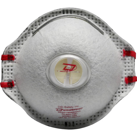 The PIP Dynamic Deluxe FR N95 Disposable Respirator 270-RPD714N95OAO by Protective Industrial Products is a white NIOSH-approved mask with a central exhalation valve, red adjustable straps, and a metal nose clip. The front of the respirator features the manufacturer's logo and details below the valve for easy identification.