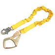 Introducing the 3M DBI-SALA ShockWave2 Shock Absorbing Lanyard 1244360 by 3M DBI-SALA Fall Protection, this yellow safety lanyard features shock absorption technology and self-locking snap hooks available in two sizes. Ideal for fall protection in construction or industrial environments, it boasts a stretchable design with a robust fabric construction.